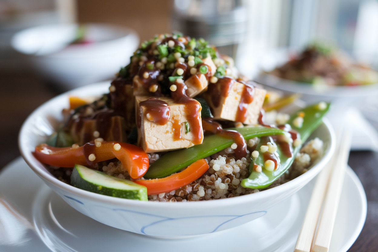 Vegetarian Teriyaki Bowl with Tofu, Quinoa, and Colorful Vegetables