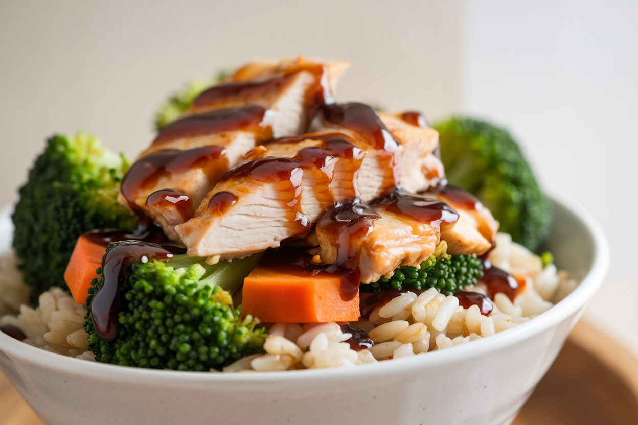 Close-up of grilled chicken with broccoli, carrots, and brown rice.