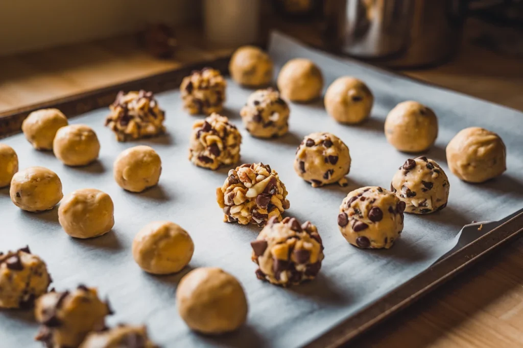 Assorted cookie dough balls on a baking sheet.