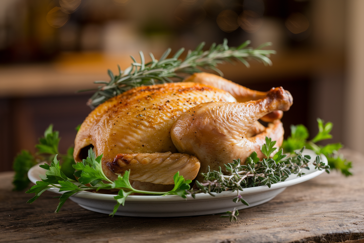 Roasted chicken garnished with fresh parsley, rosemary, and thyme on a white plate.