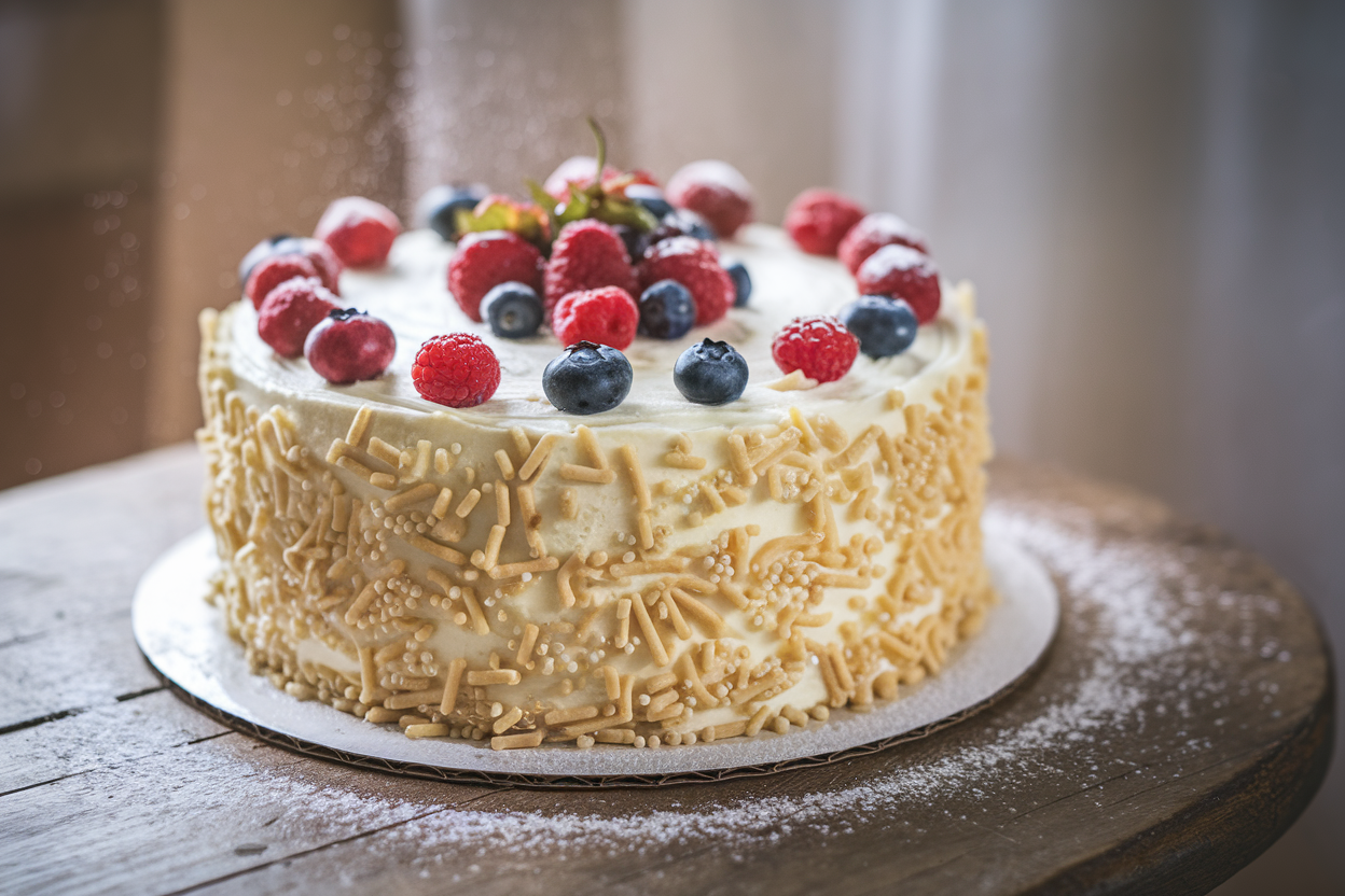 Decorated cake made from boxed cake mix, topped with fresh berries and powdered sugar.