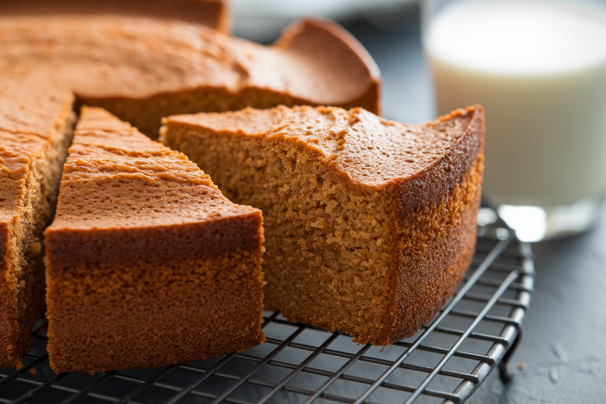 Freshly baked moist cake with a glass of milk