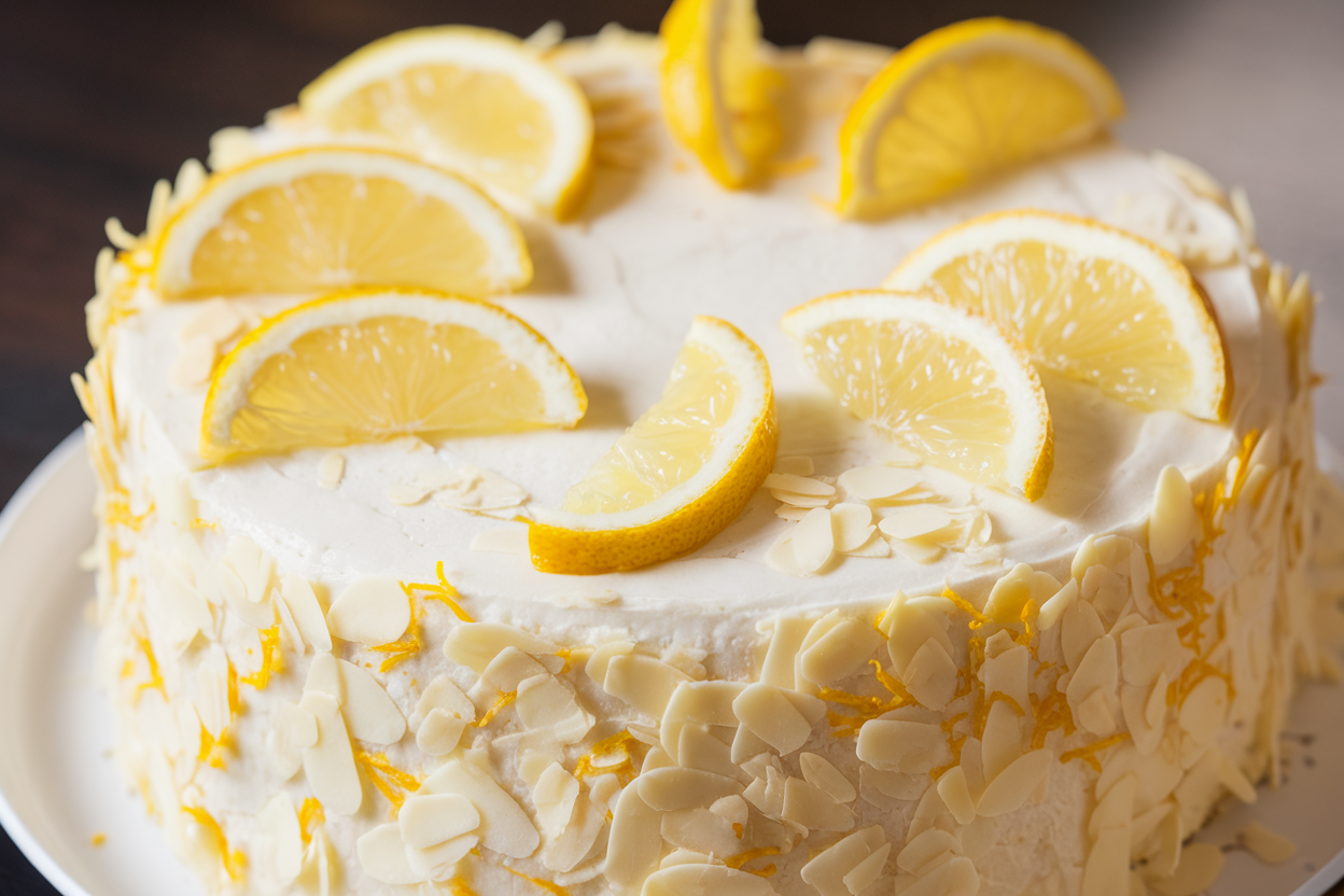 Vanilla cake enhanced with lemon zest and almond extract, garnished with lemon slices and almond flakes.