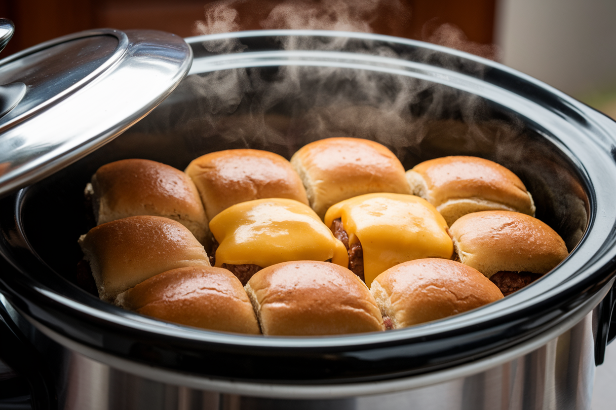 Sliders arranged in a crockpot with steam rising.