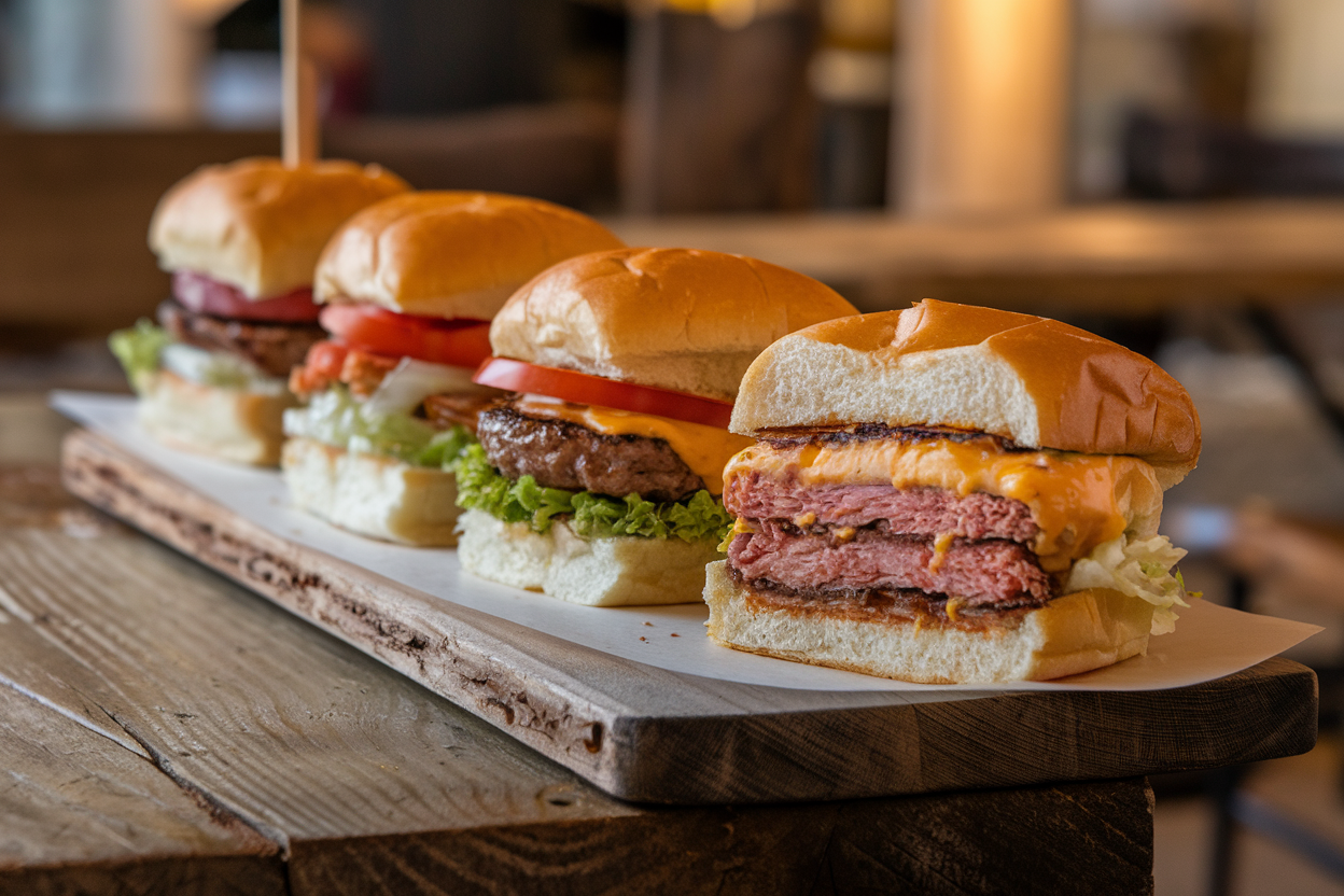 A row of sliders with various ingredients on a rustic wooden table.