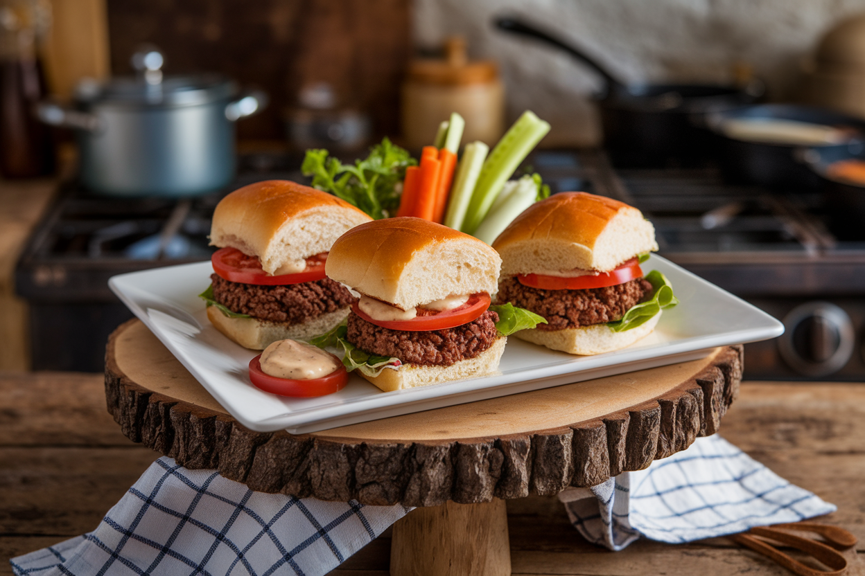 Assembled sliders on toasted buns with fresh toppings.