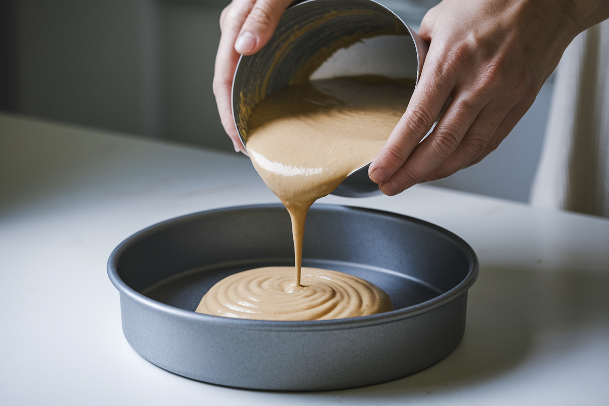 Hands pouring gluten-free cake batter into a baking pan in a clean kitchen.