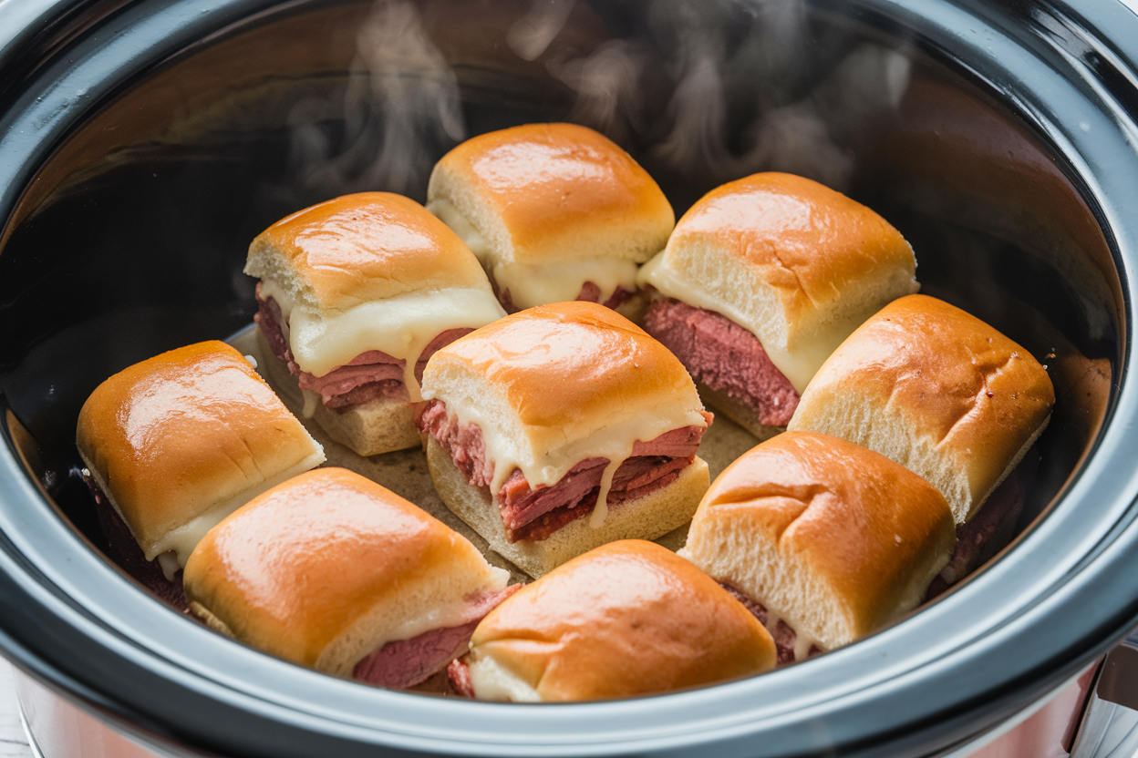 A party table with a crockpot of warm sliders and toppings.