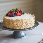 A decorated gluten-free cake on a cake stand, ready to be served.