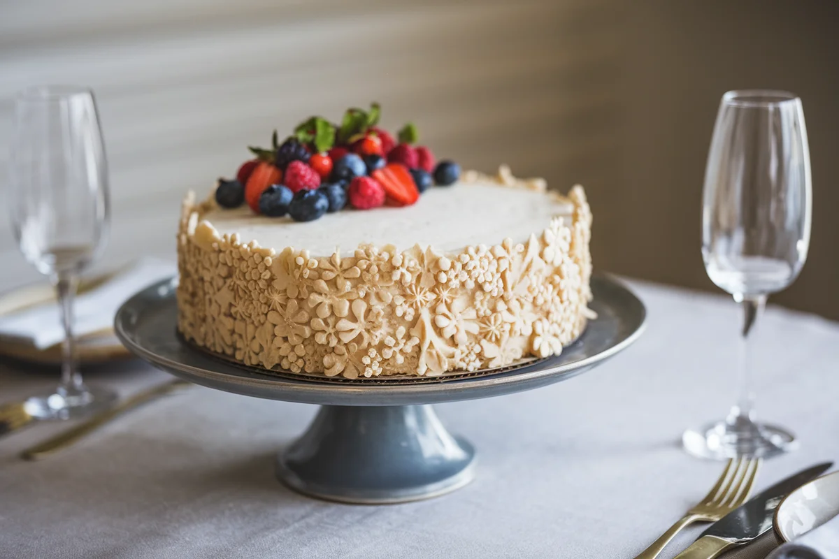 A decorated gluten-free cake on a cake stand, ready to be served.