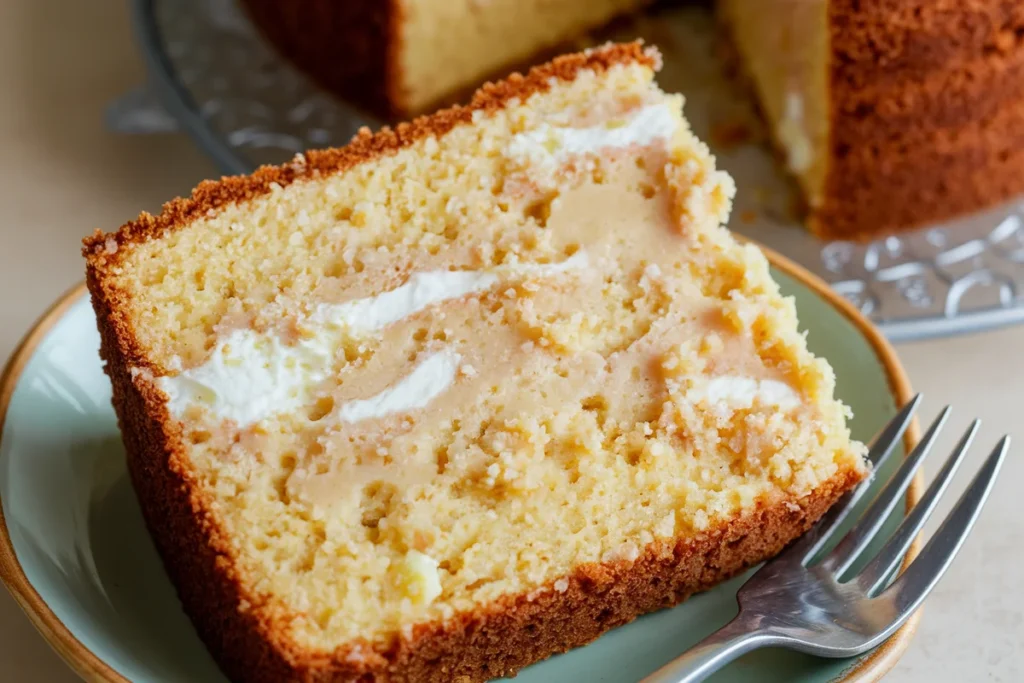 Moist pound cake slice made from a boxed mix with ricotta cheese, showing dense and tender texture.