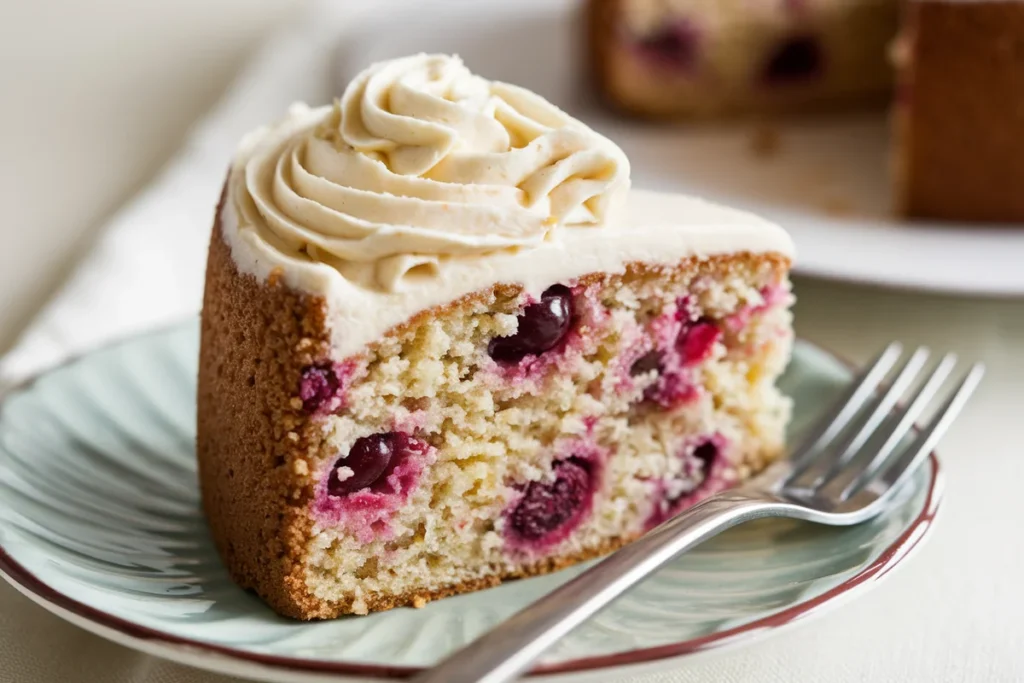 A slice of Betty Crocker Cherry Chip Cake showing the moist texture and cherry chips.