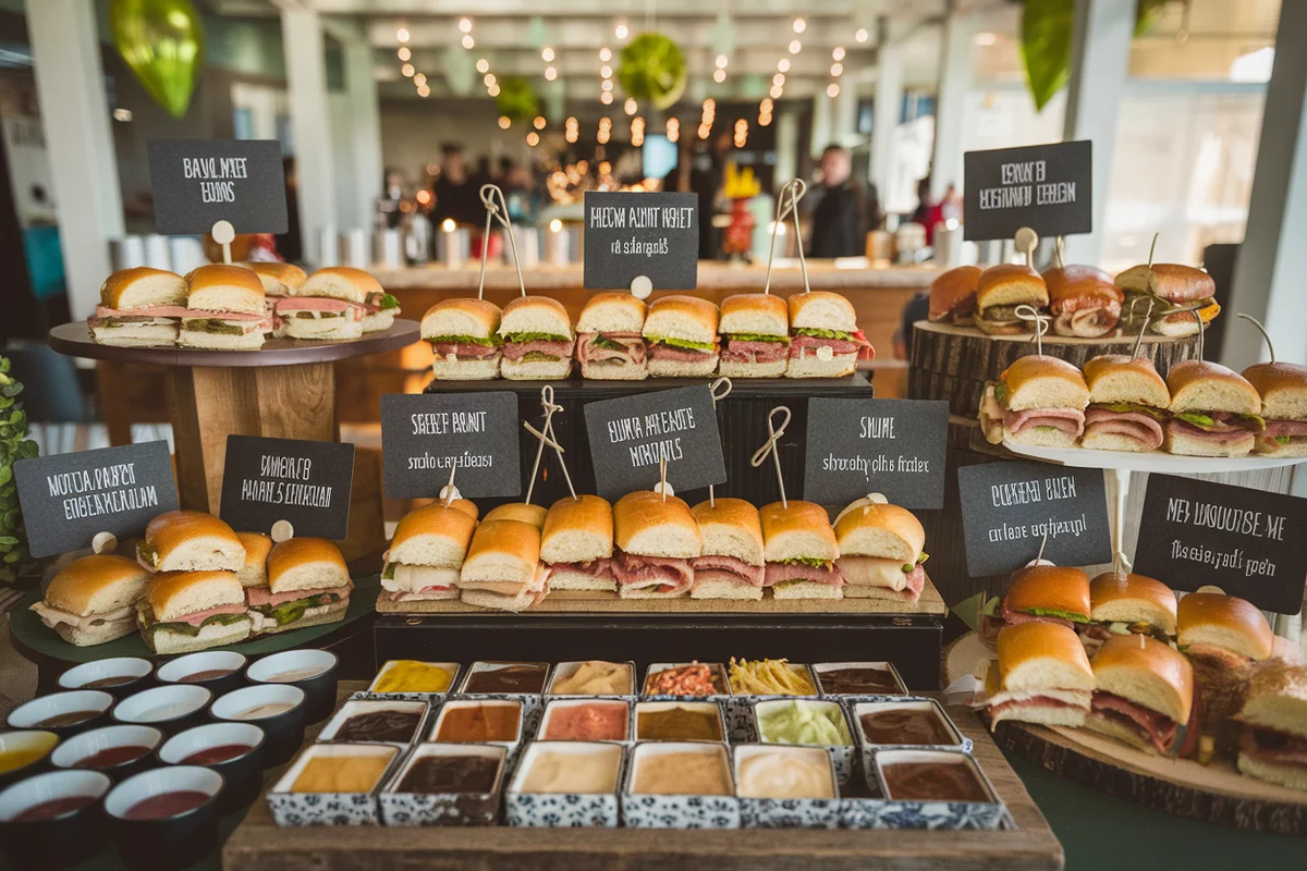 Slider bar with various buns, meats, and toppings