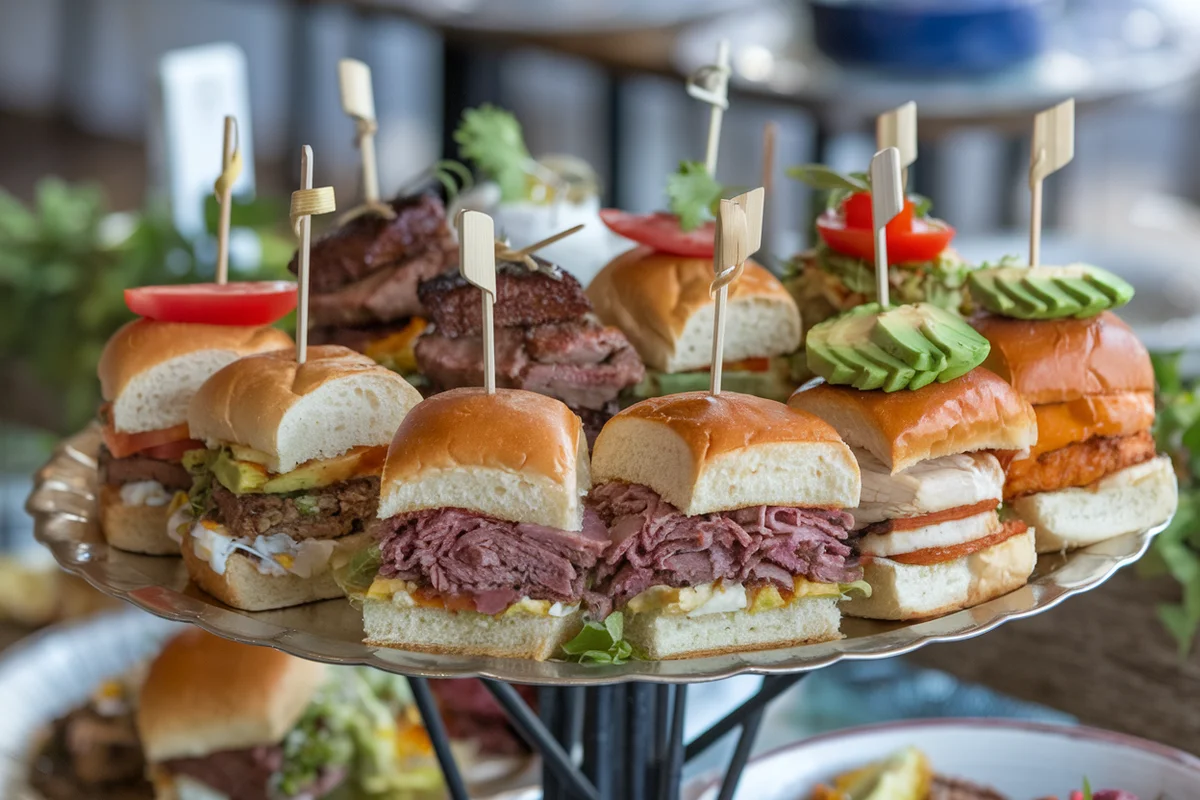 Assorted sliders with beef, chicken, and vegetarian options on a serving platter.