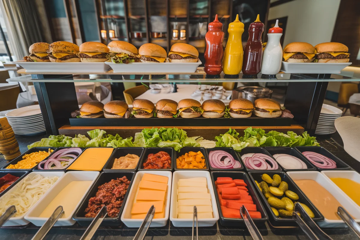 Buffet-style burger bar setup with various toppings and condiments.