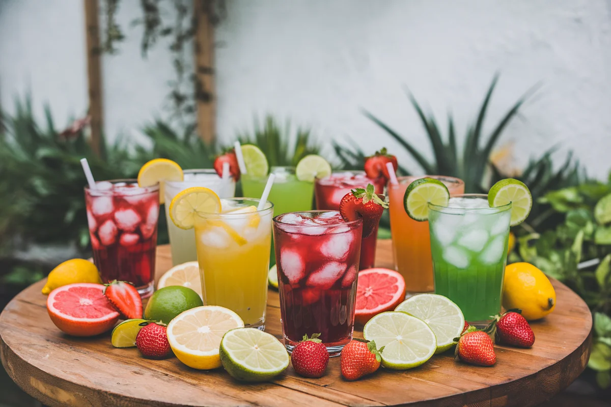 Colorful fruit-flavored drinks with ice on a wooden table.