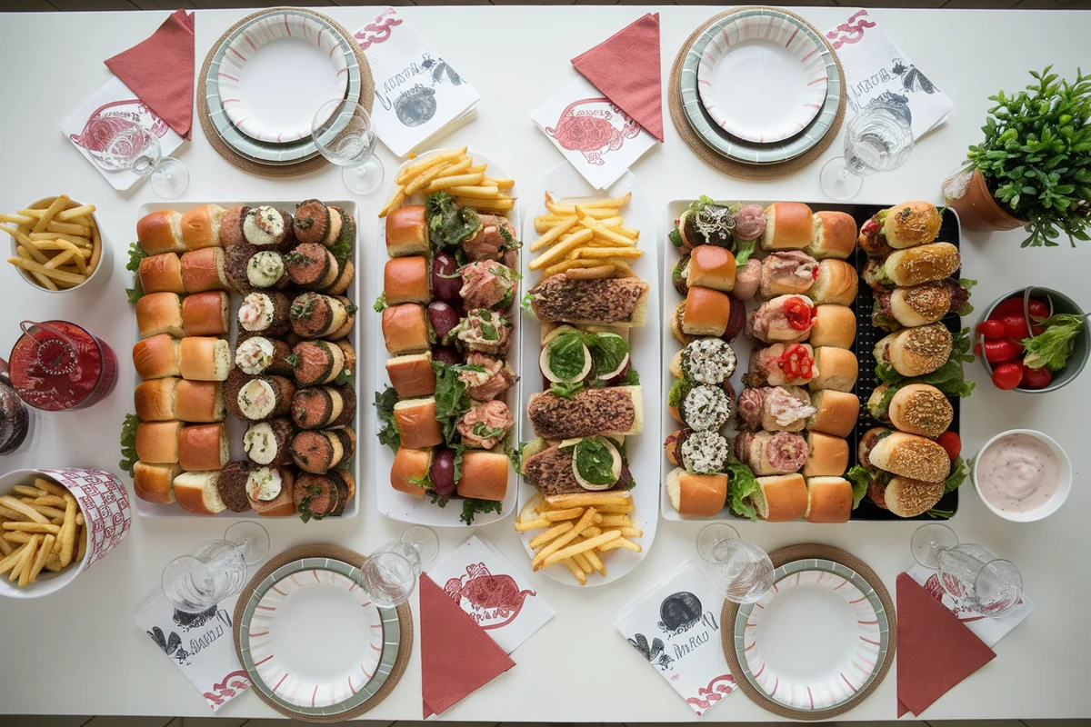 An overhead view of a party table with a variety of sliders, side dishes, and dipping sauces.