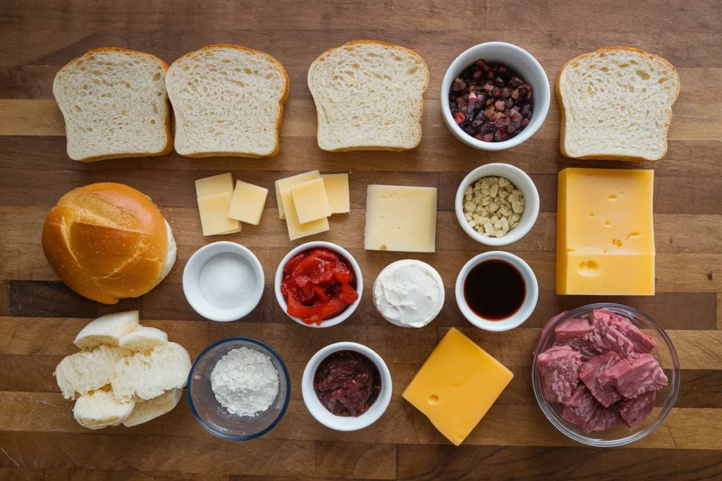 Ingredients for making sliders, including bread, cheese, and toppings.