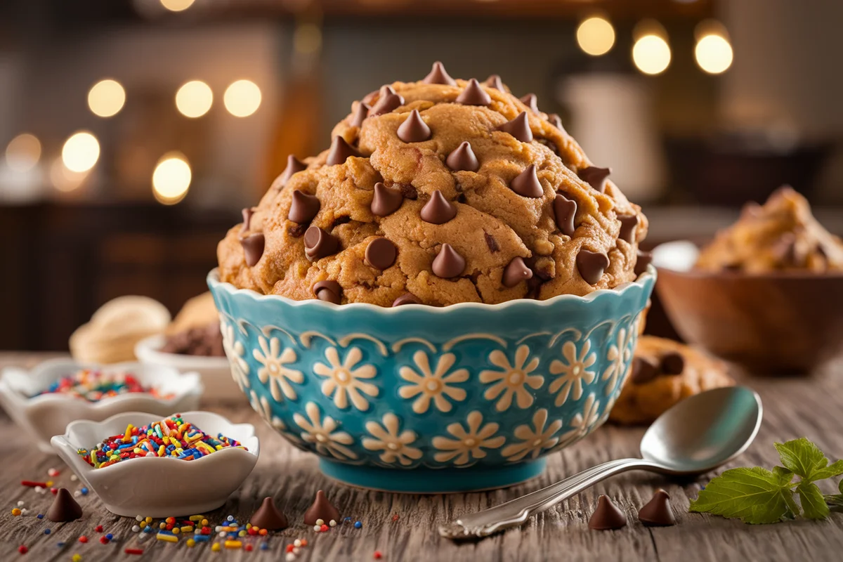 Bowl of edible cookie dough with chocolate chips, ready to eat.