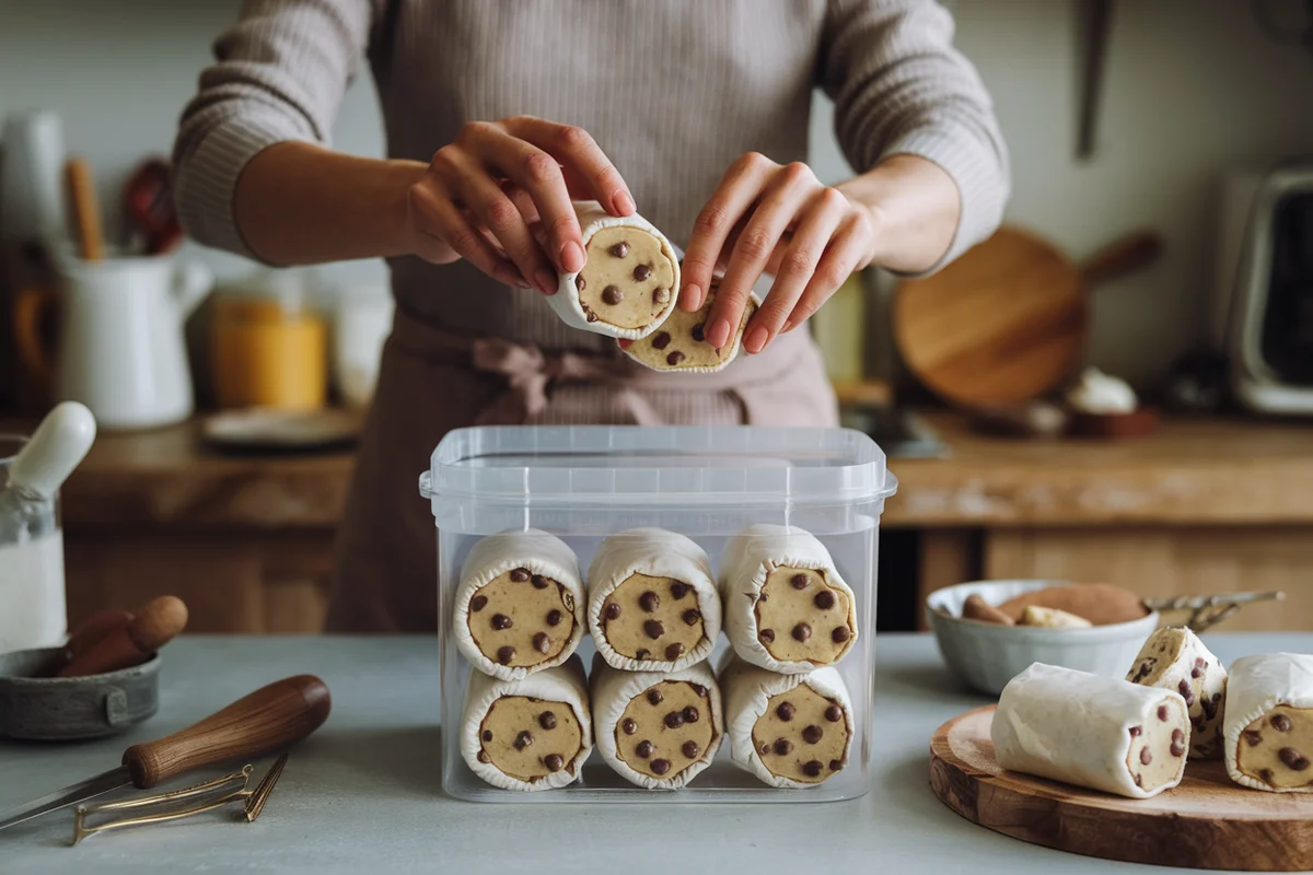 Person placing wrapped cookie dough logs into an airtight container.