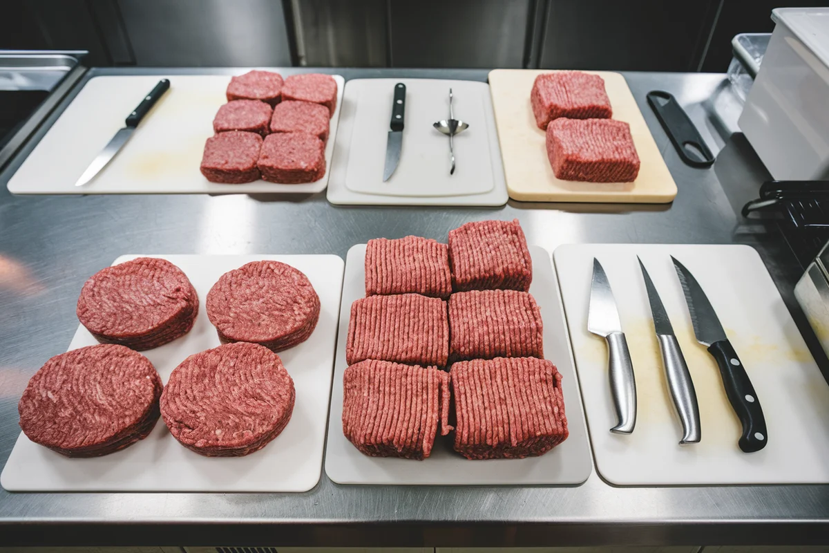 Raw ground beef preparations on a kitchen counter with separate cutting boards.