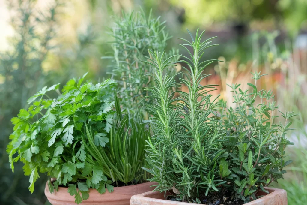 Fresh parsley, rosemary, and thyme on a wooden cutting board in a rustic kitchen.