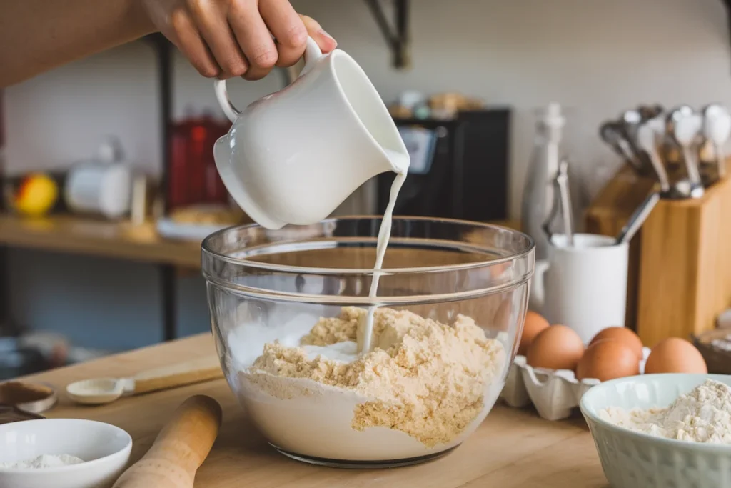 Baker pouring milk into cake mix in a bowl