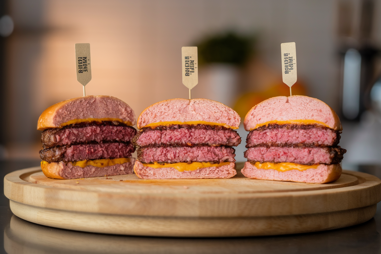 Three hamburger patties showing different levels of doneness: rare, medium, and well-done.