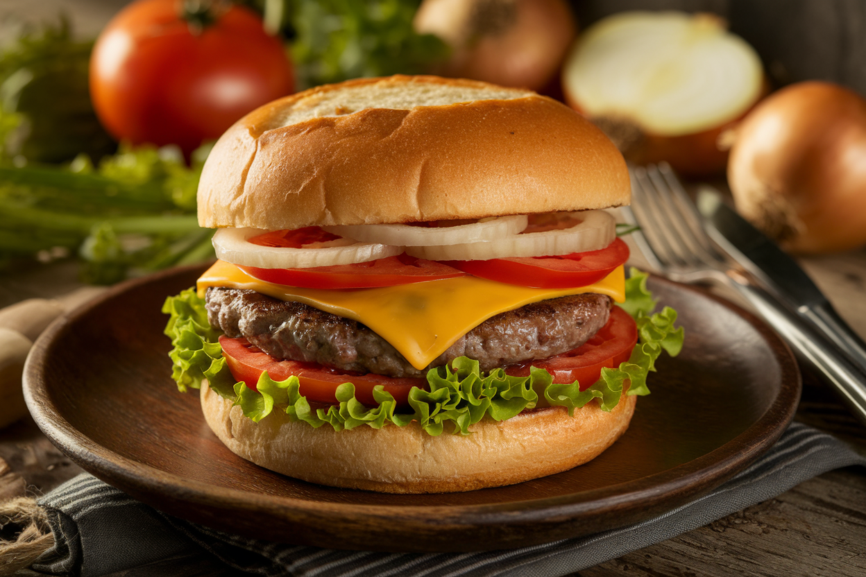 Perfectly cooked burger with melted cheese, lettuce, tomato, and caramelized onions on a rustic plate.