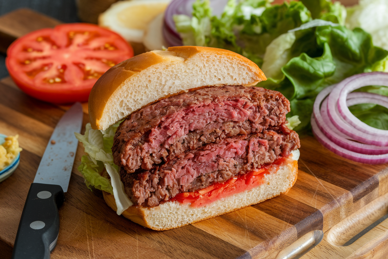 Sliced medium hamburger showing a slightly pink center on a wooden cutting board with fresh ingredients.