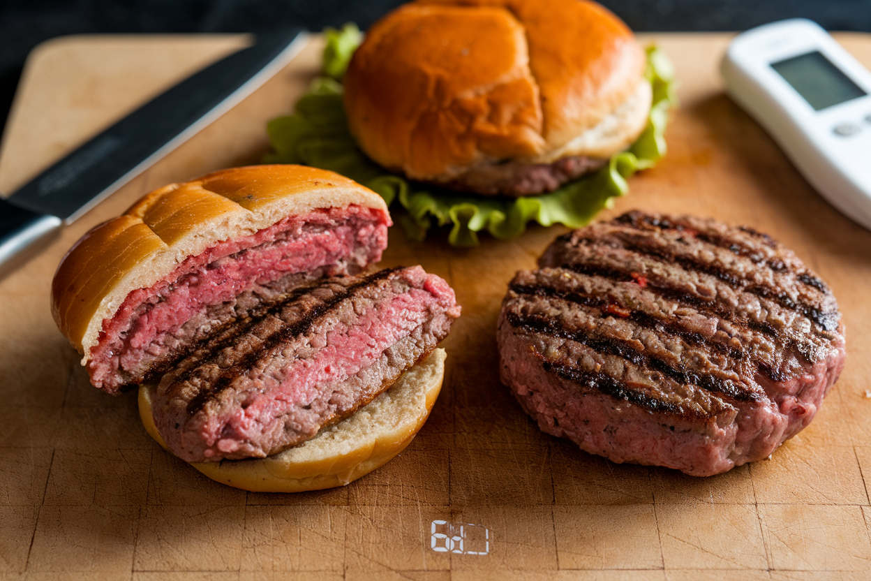 Comparison of a burger cooked to 150 degrees with a pink center and one cooked to 160 degrees fully cooked.