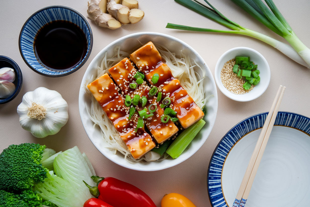 Teriyaki tofu bowl with fresh ingredients and garnishes on a wooden table.