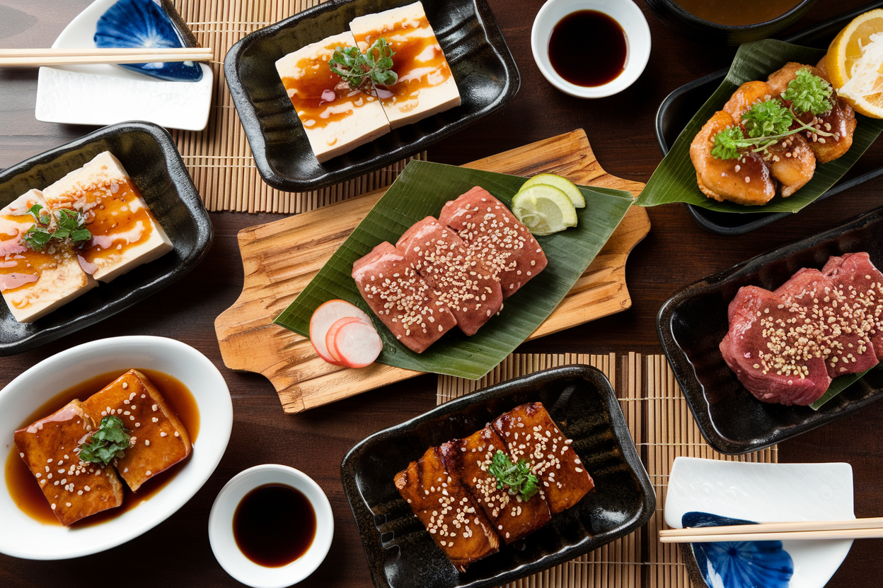 Assorted Teriyaki dishes including tofu, chicken, and beef.