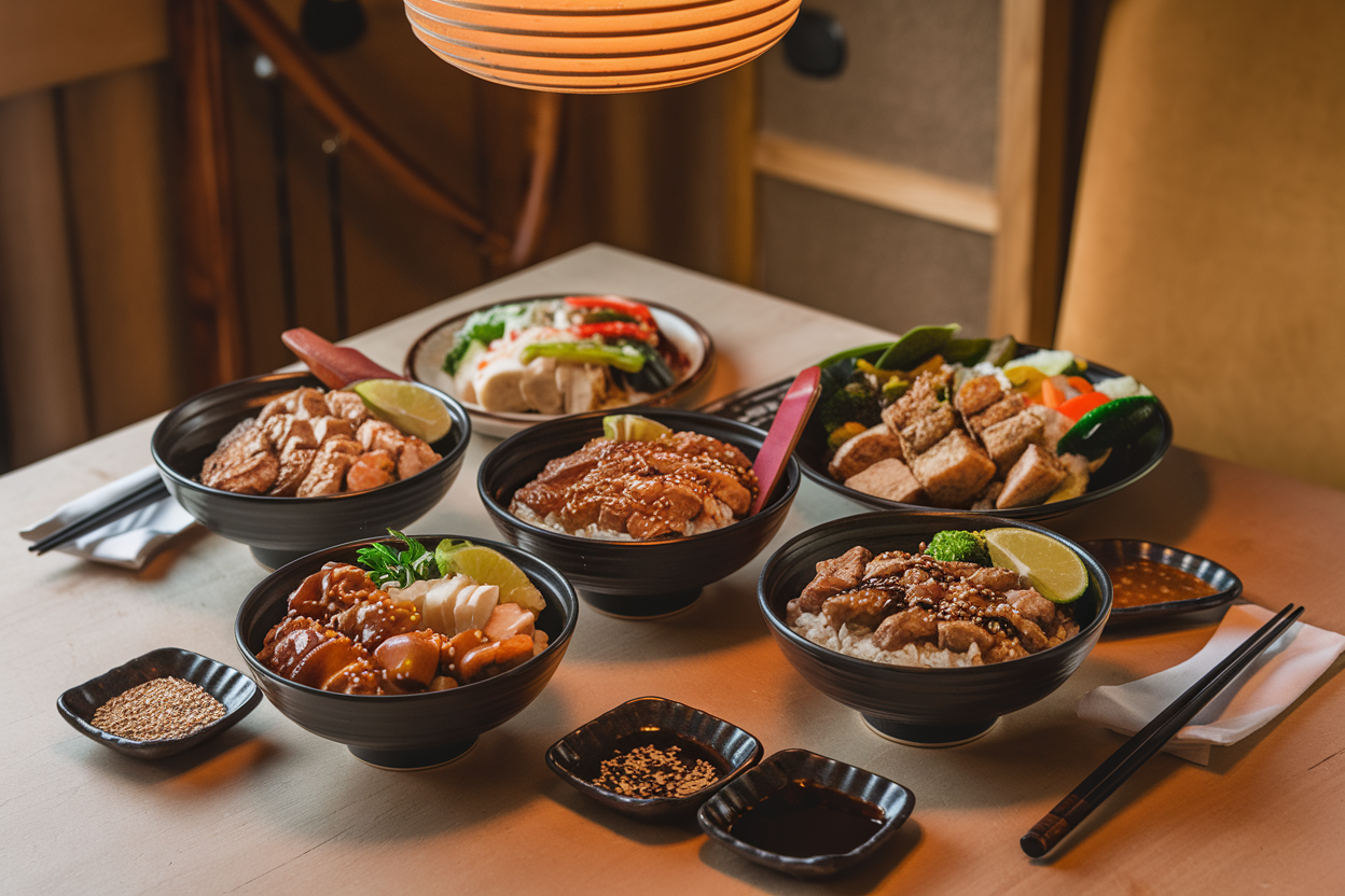 Family-Style Teriyaki Bowls with Chicken, Beef, and Tofu