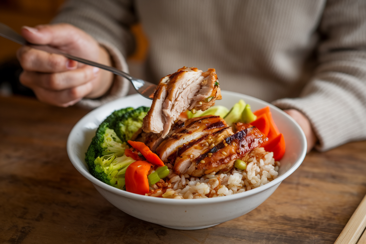 Person holding a fork over a bowl of teriyaki chicken with brown rice.