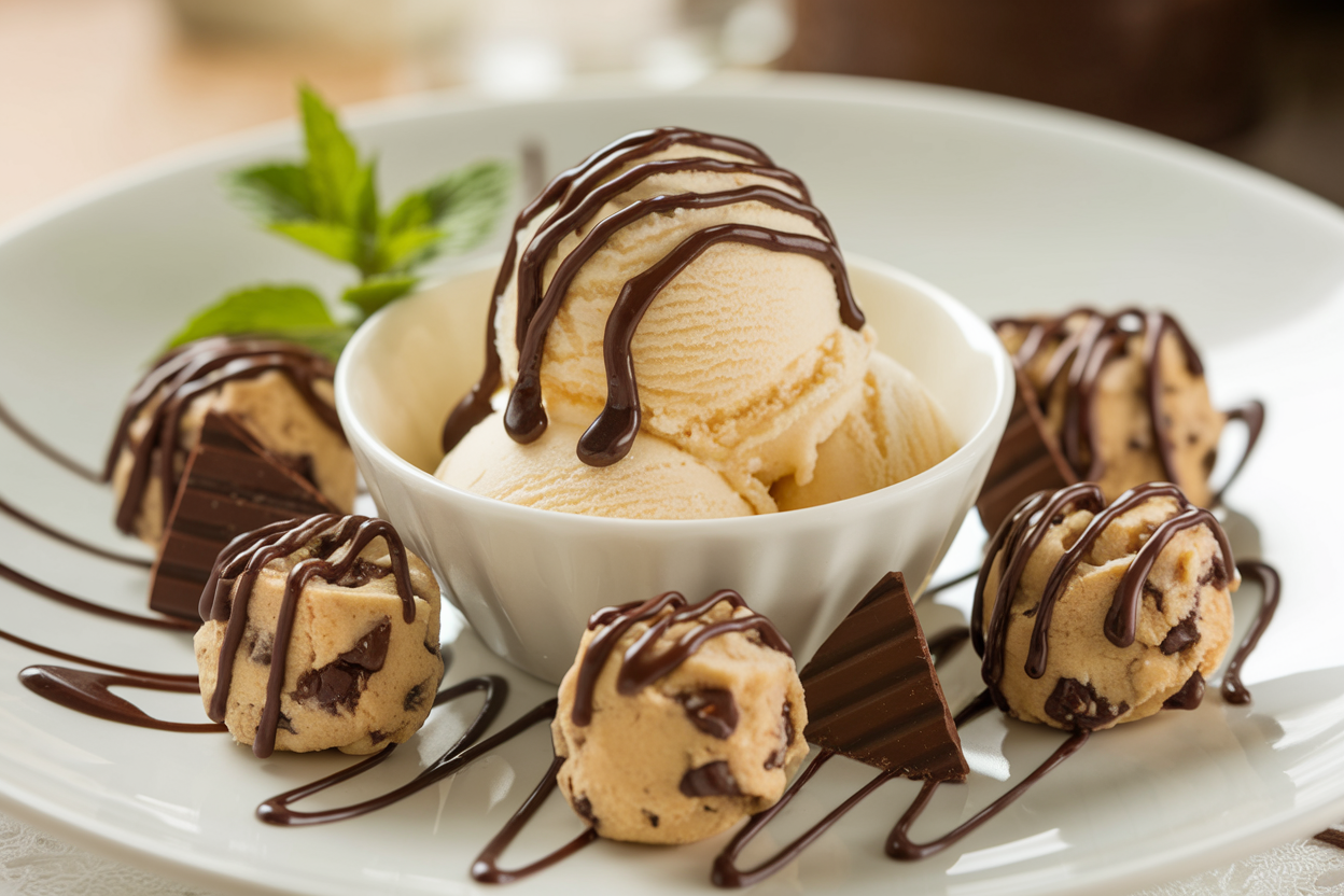 Dessert plate with cookie dough bites and vanilla ice cream drizzled with chocolate syrup.