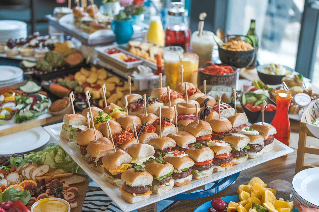 Buffet table with a large tray of burger sliders, surrounded by salads, chips, and drinks at a casual party.