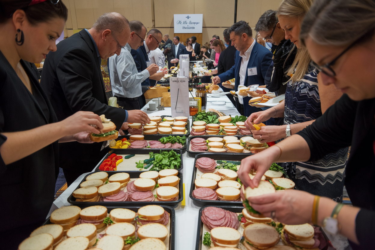 Guests creating custom sandwiches at a build-your-own sandwich station with various ingredients.