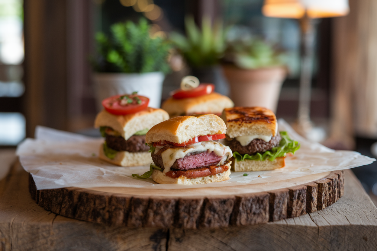 An overhead shot of a slider bar with toasted buns, vegetables, patties, and condiments.