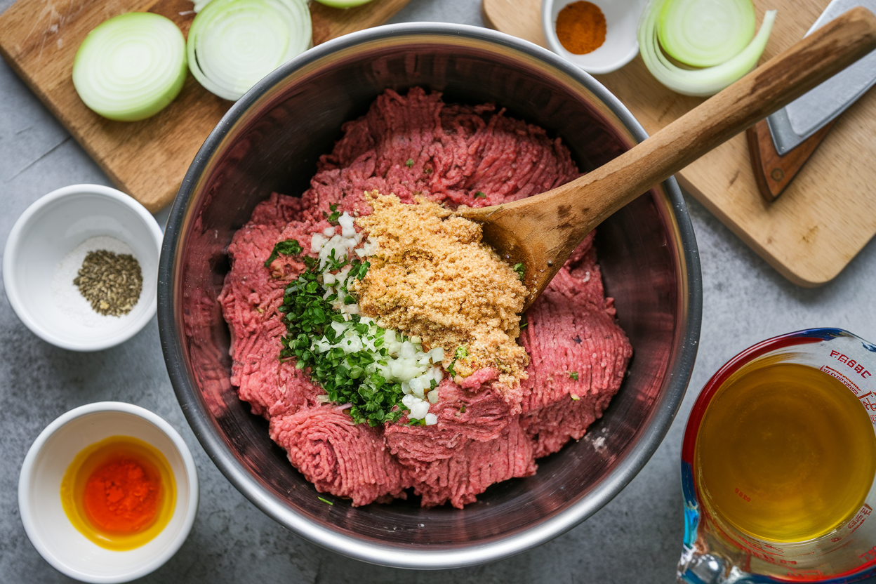 Preparing slider mixture with ground meat and fresh ingredients.