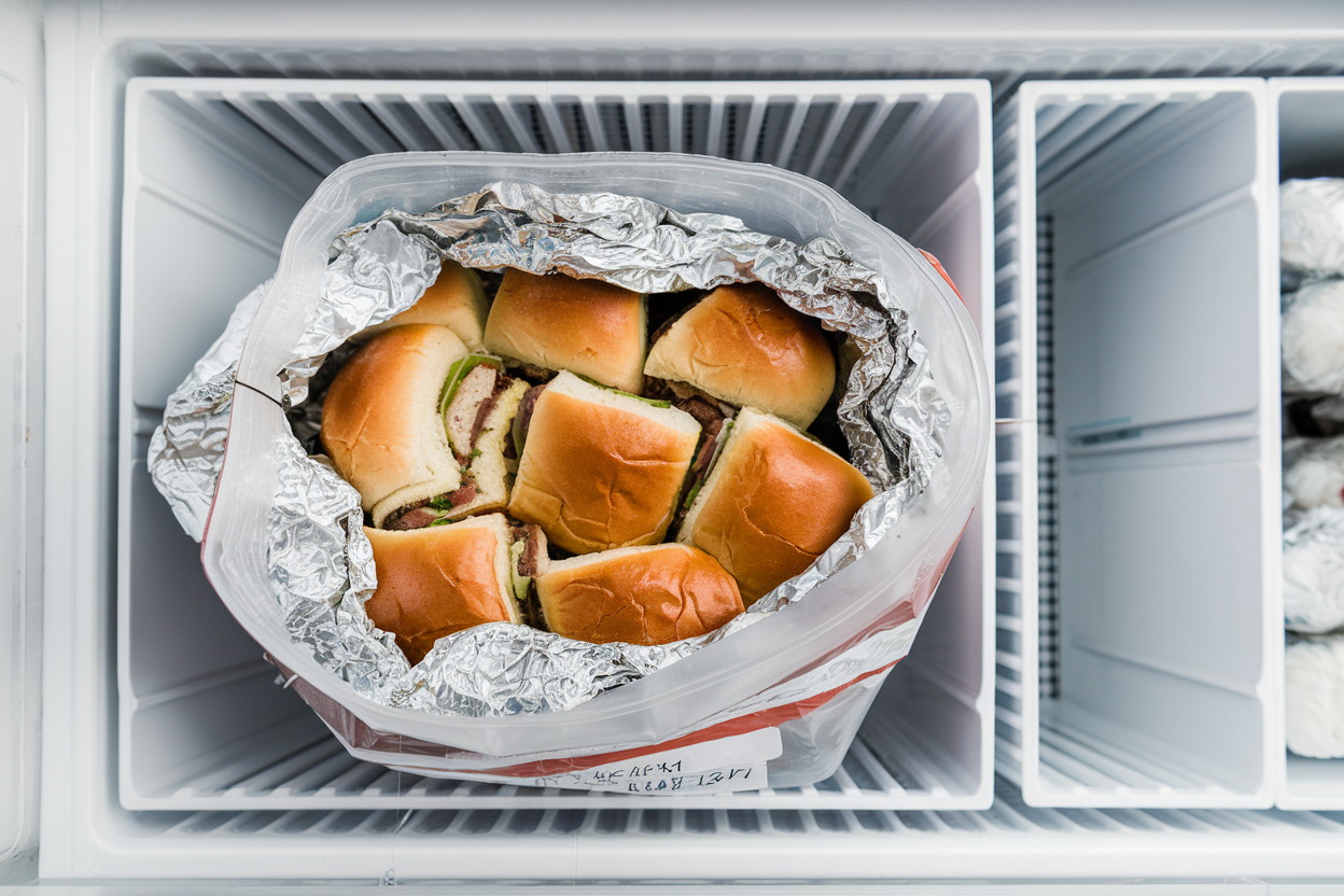 Sliders being reheated in the oven on a parchment-lined baking sheet.