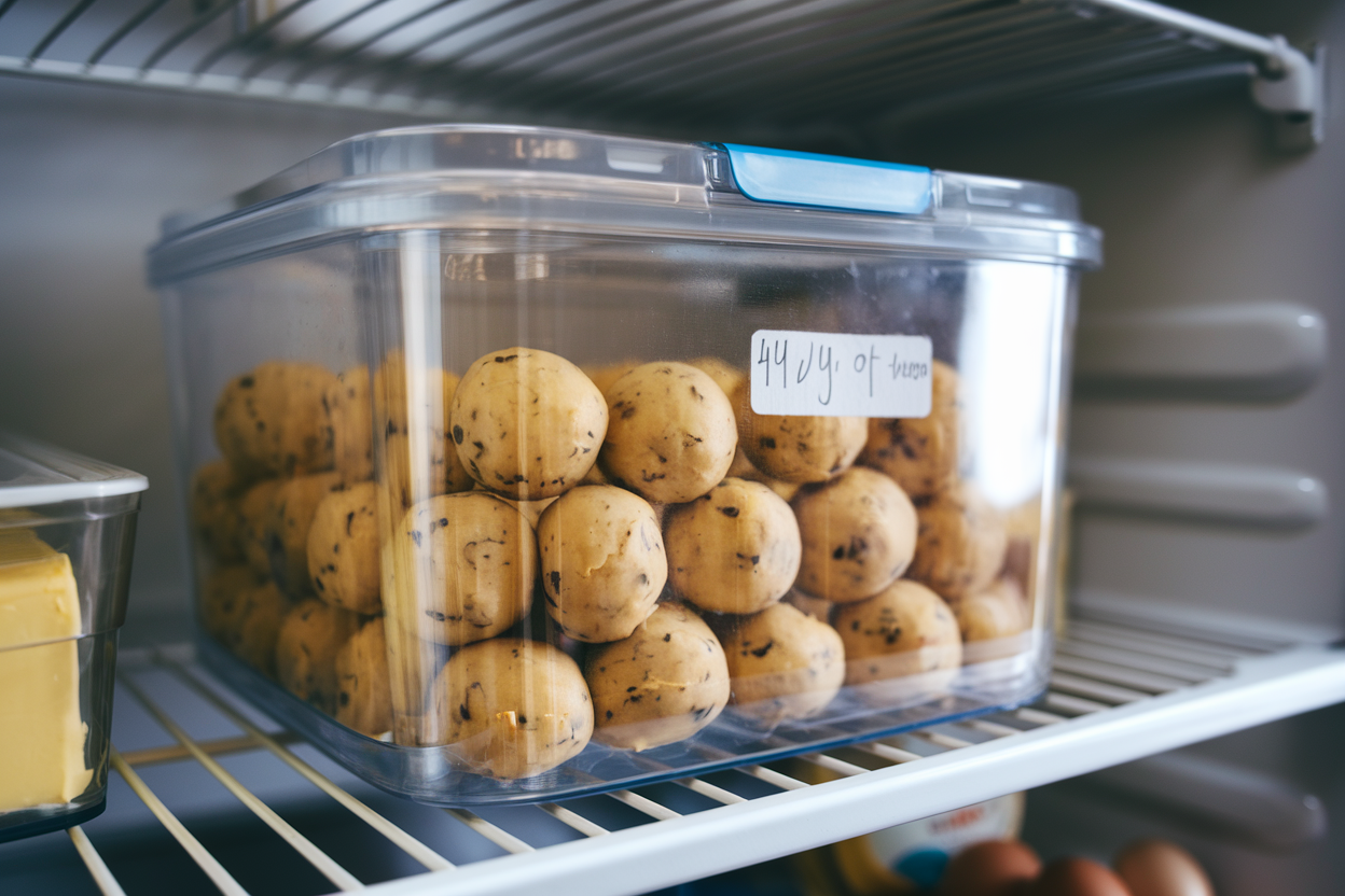 Cookie dough balls stored in an airtight container in the refrigerator.