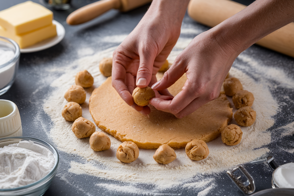 Baker shaping cookie dough with hands on a floured surface.