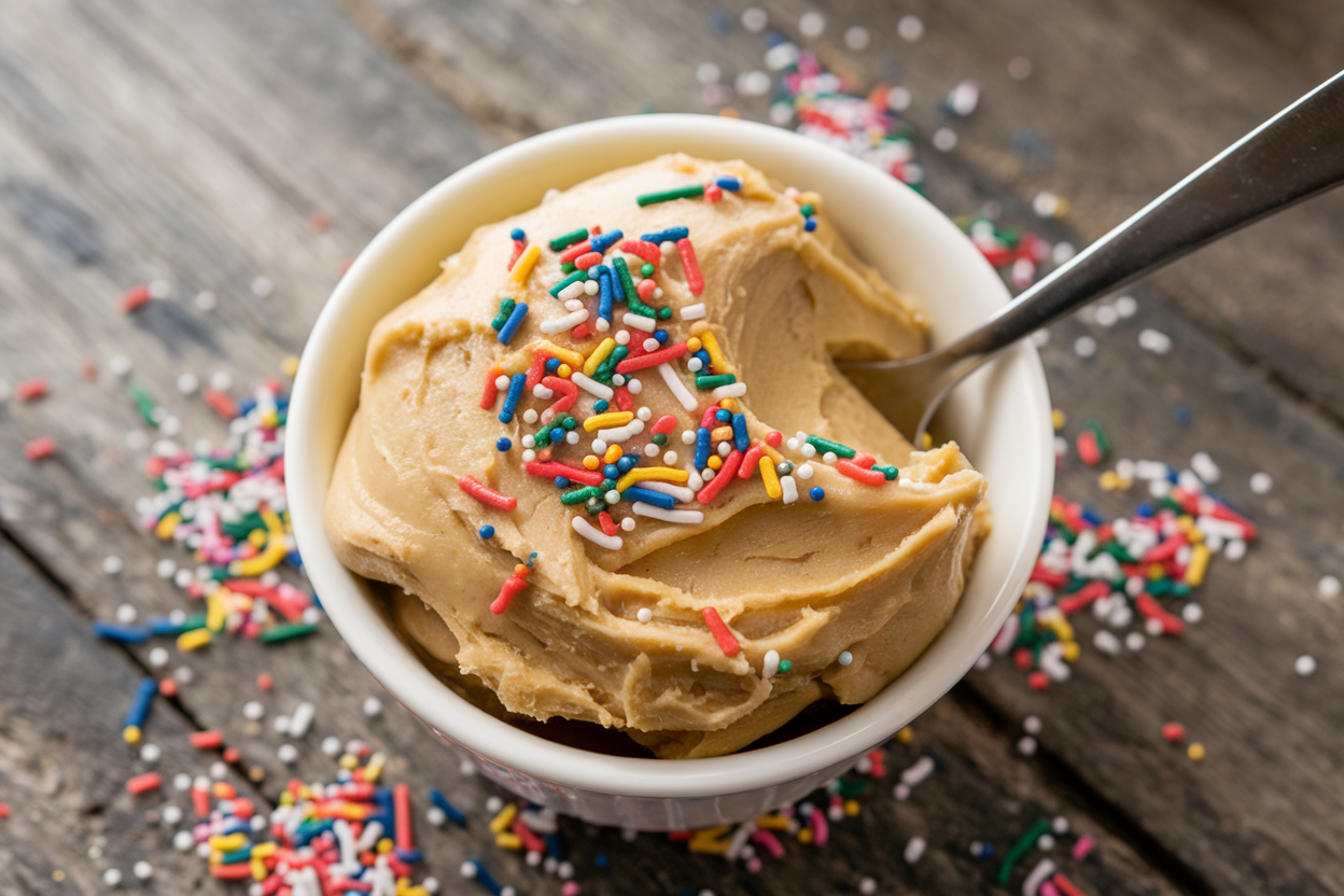 Edible cookie dough topped with colorful sprinkles in a bowl.