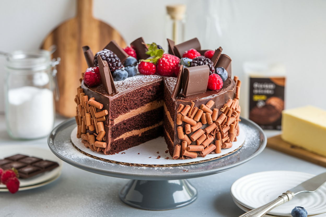 A dense chocolate cake with a cut slice showing its rich texture, surrounded by baking ingredients.