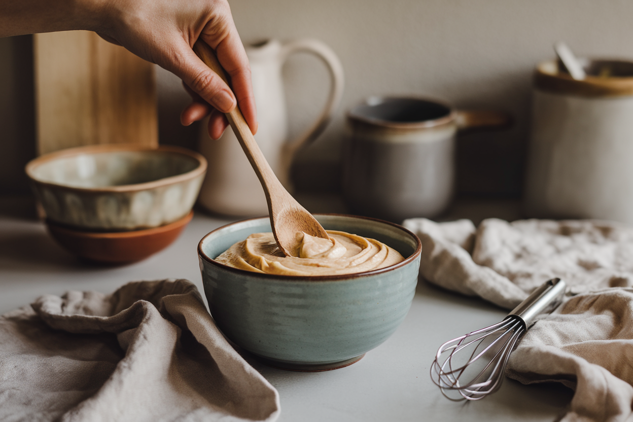 A hand stirring creamy cake batter in a bowl with a wooden spoon, in a cozy kitchen setting.