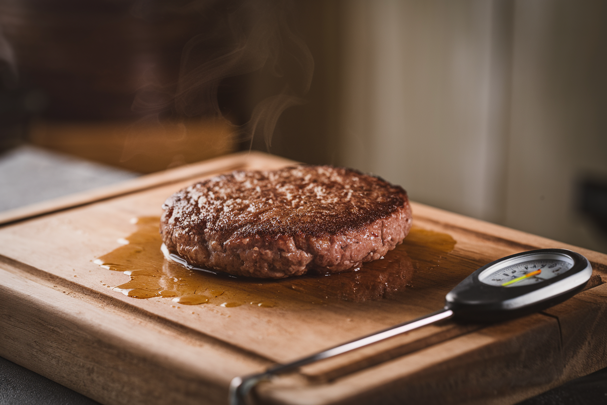 Cooked burger patty resting on a wooden cutting board with juices pooling around it.