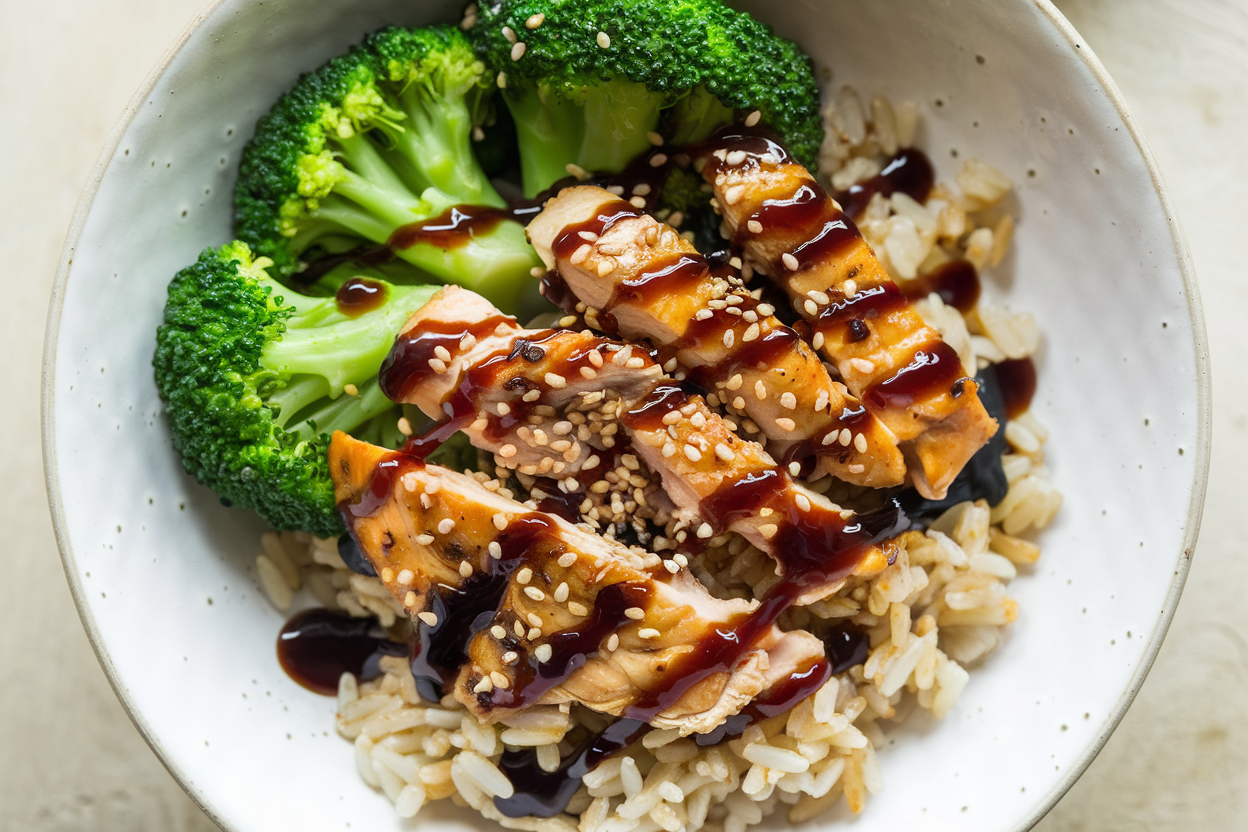 Plated teriyaki chicken bowl with broccoli, grilled chicken, brown rice, and teriyaki sauce.