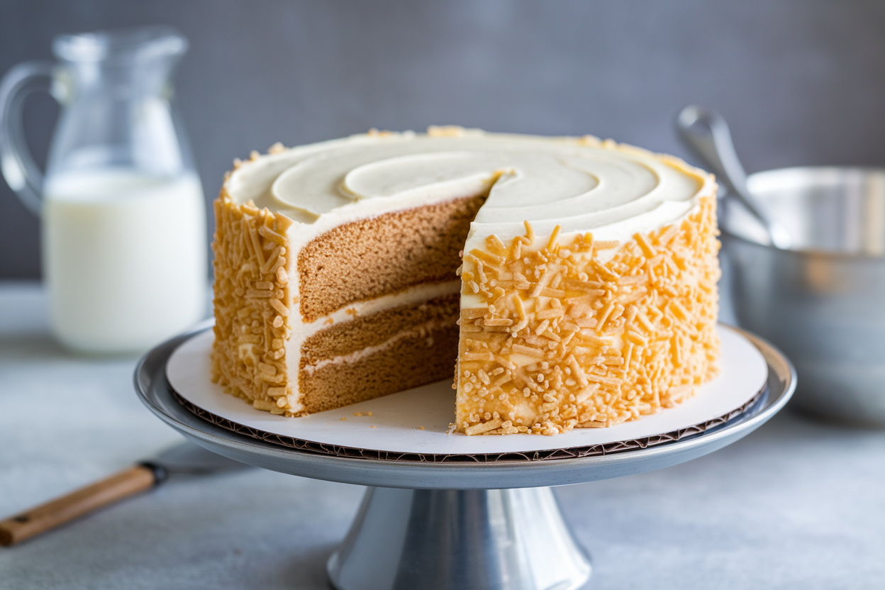 Moist layered cake with creamy frosting on a cake stand