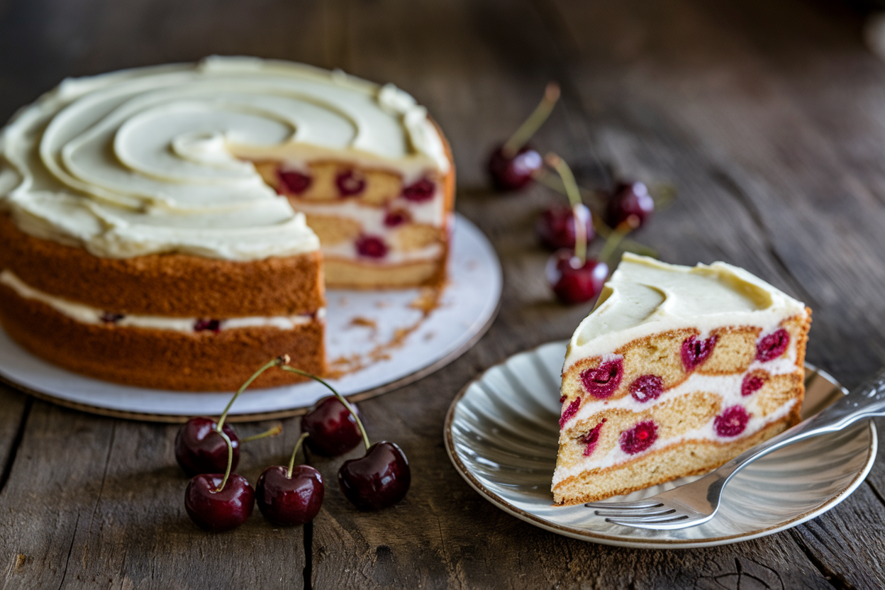 A slice of homemade cherry chip cake with vanilla frosting and visible cherry chips on a rustic wooden table.